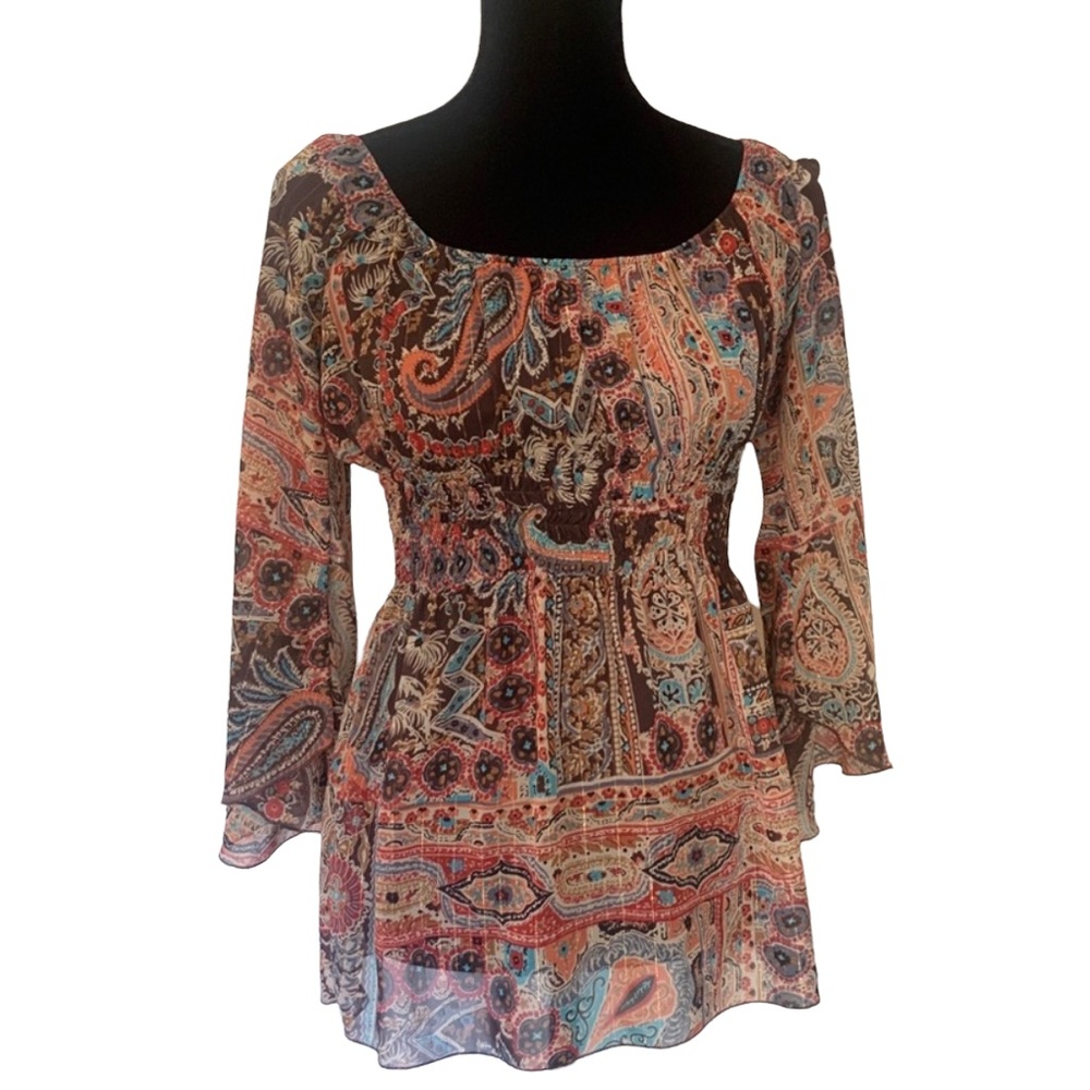 Vintage Jordache Y2K Sheer Layered Boho 3/4 Sleeve Tunic Blouse Size Medium